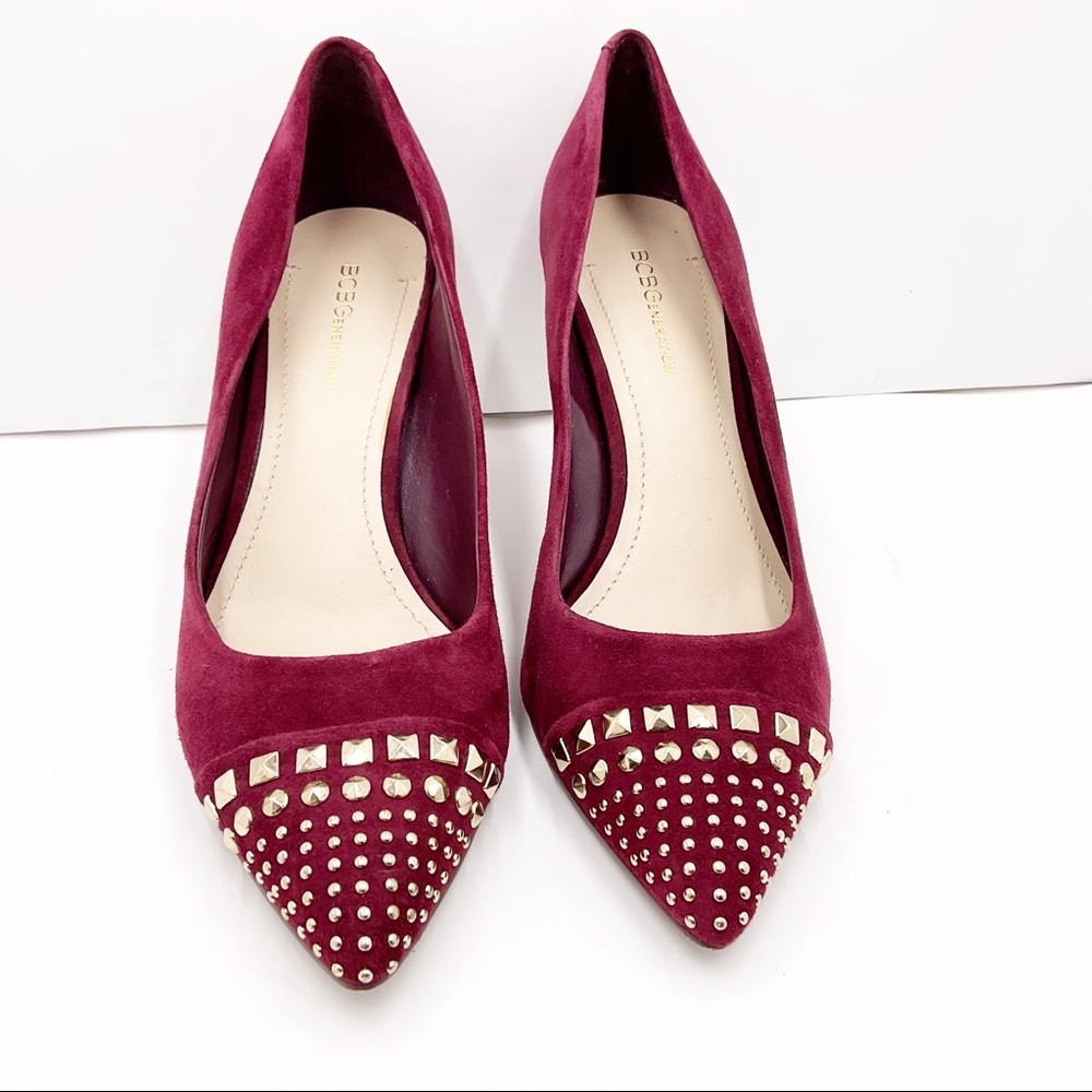 {BCBGeneration}Suede Cap-Toe Gold Studded Pumps